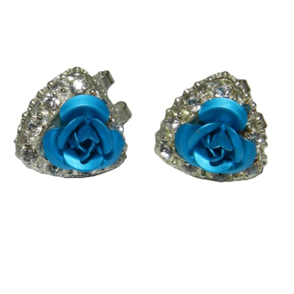 Blue Flower Earrings Clip With Diamonds And Alloy - Picture 3 of 7